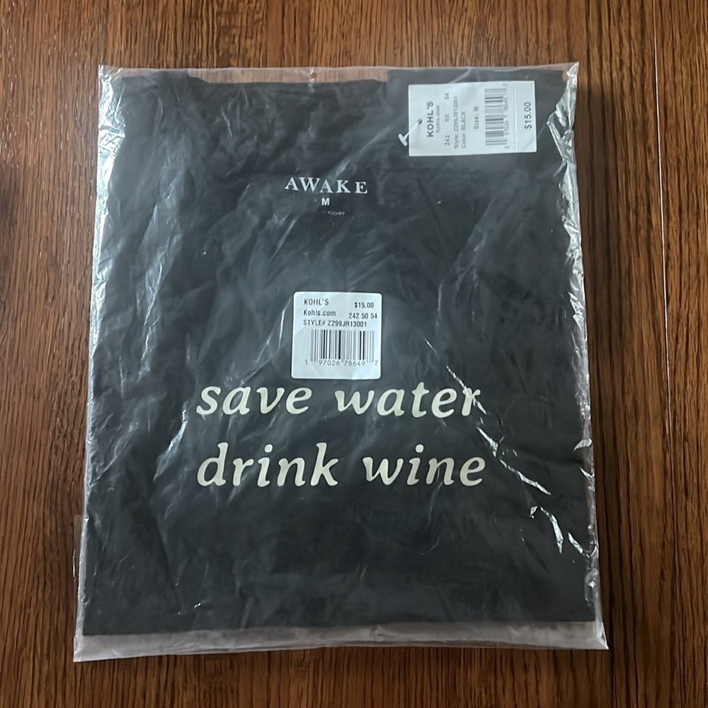 Short sleeve black tshirt top - “save water drink wine”